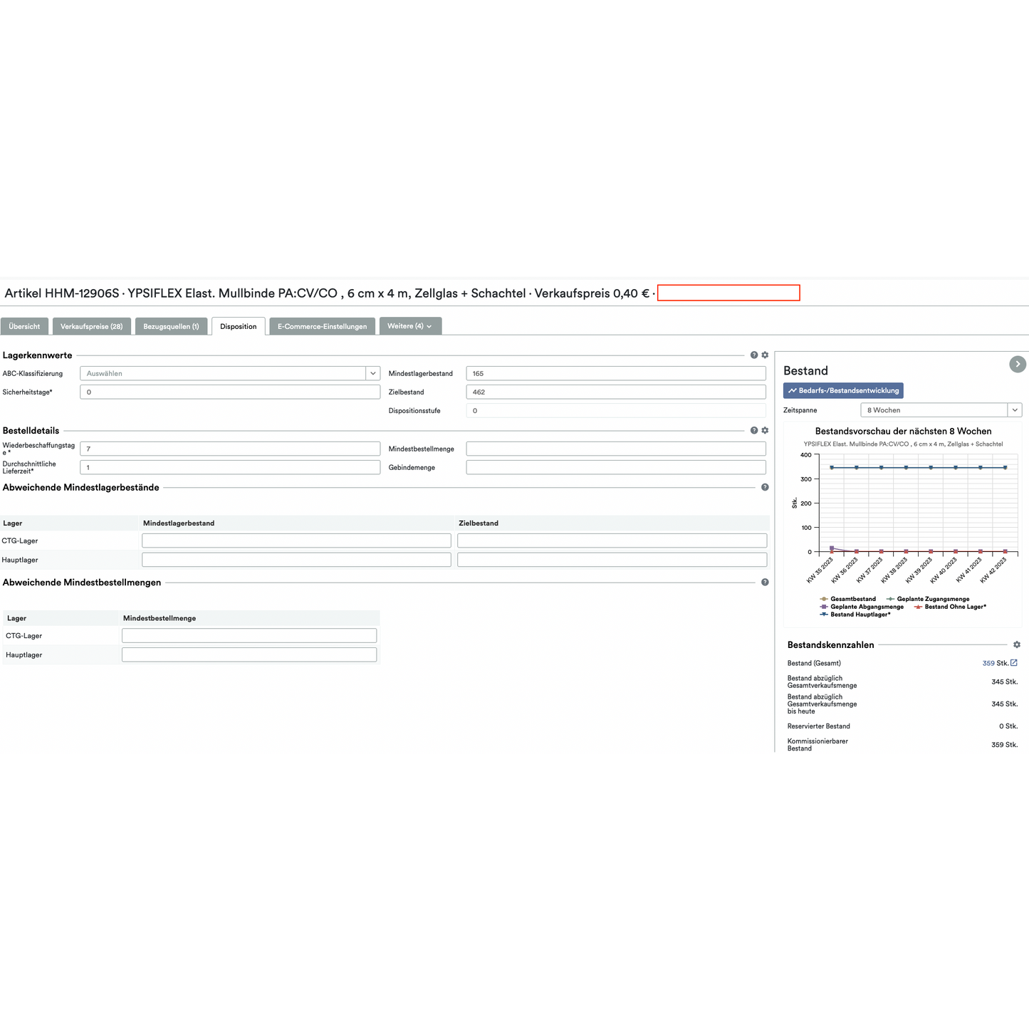 Screenshot of a computer interface with detailed product information for an item titled "SmartStock Calculator: Weclapp Minimum and Target Stock Calculator by Consumption," displaying various attributes, prices, and a sales chart via the cloud-based Altruan.
