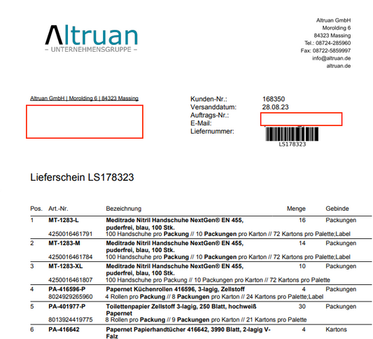 Ein Bild eines Lieferscheins von „Altruan“ mit Details wie der Adresse des Absenders, der Rechnungsnummer und einer detaillierten Liste der versendeten Produkte, einschließlich Mengen und Verpackungsarten.