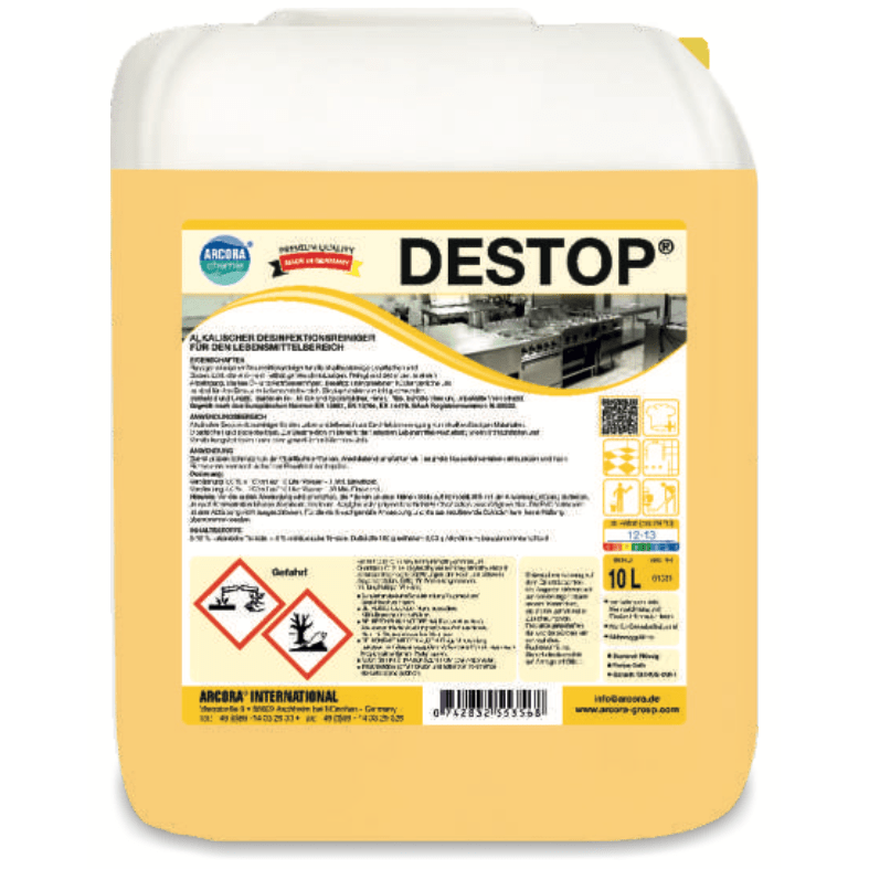 A 1-liter bottle of Arcora Destop Alkaline Disinfectant Cleaner from Arcora International GmbH, labeled with hazard symbols and safety instructions, is ideal for professional cleaning in food areas and large kitchens.