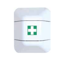 The Novocal help first aid cabinet made of plastic by Novocal features a white, rectangular button with a green square and a white cross, which typically signals emergencies.