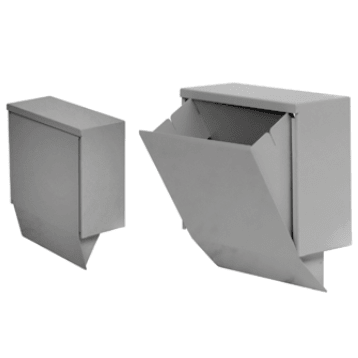 Pictured are two rectangular Novocal SLIDE hygiene waste bins made of stainless steel - one closed, one open with an angled insertion flap. Both have a simple, industrial design, ideal for hygienic waste disposal.