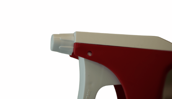 Close-up of the nozzle and trigger of the Altruan Sprayer K2, white red (25mm thread, MS 0.6 nozzle, 21.5 cm hose, no suction filter) against a white background.