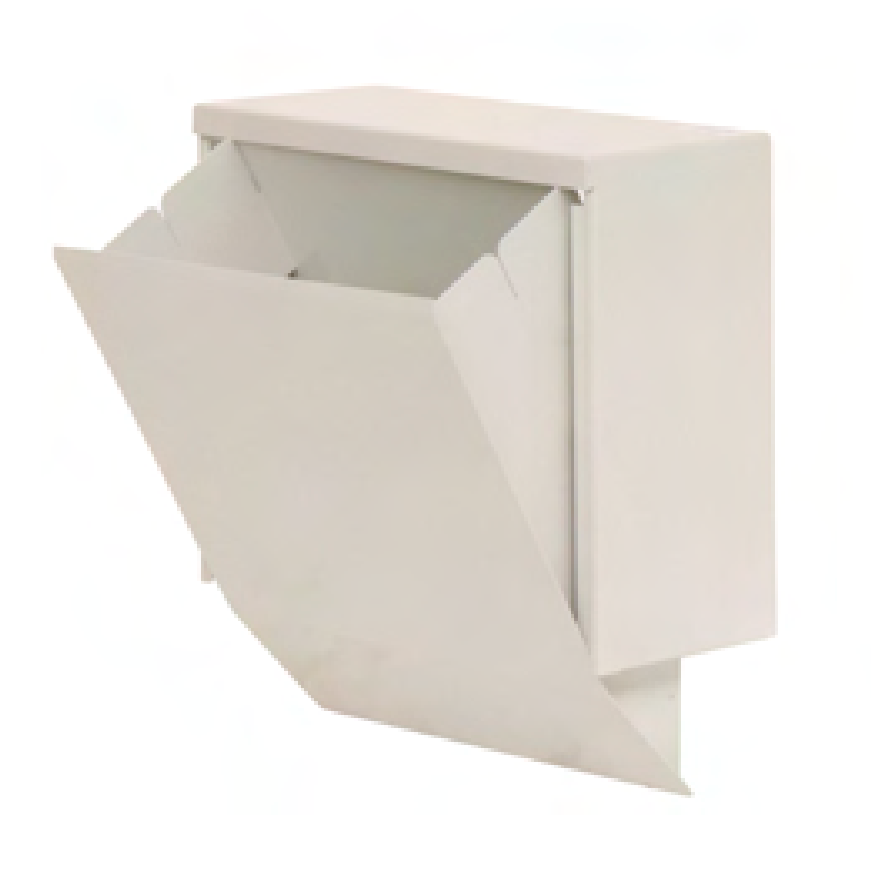 The Novocal SLIDE hygiene waste bin made of white, powder-coated metal features a tiltable front panel for hygienic waste disposal and organized storage.