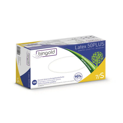 A box of Bingold Latex 50PLUS latex gloves, white, size 7/S. The packaging is designed in white-yellow with green accents and contains 100 latex gloves. These powder-free gloves are mainly made of natural latex (90% natural origin) and are ideal for laboratory use, offering protection against chemical hazards.