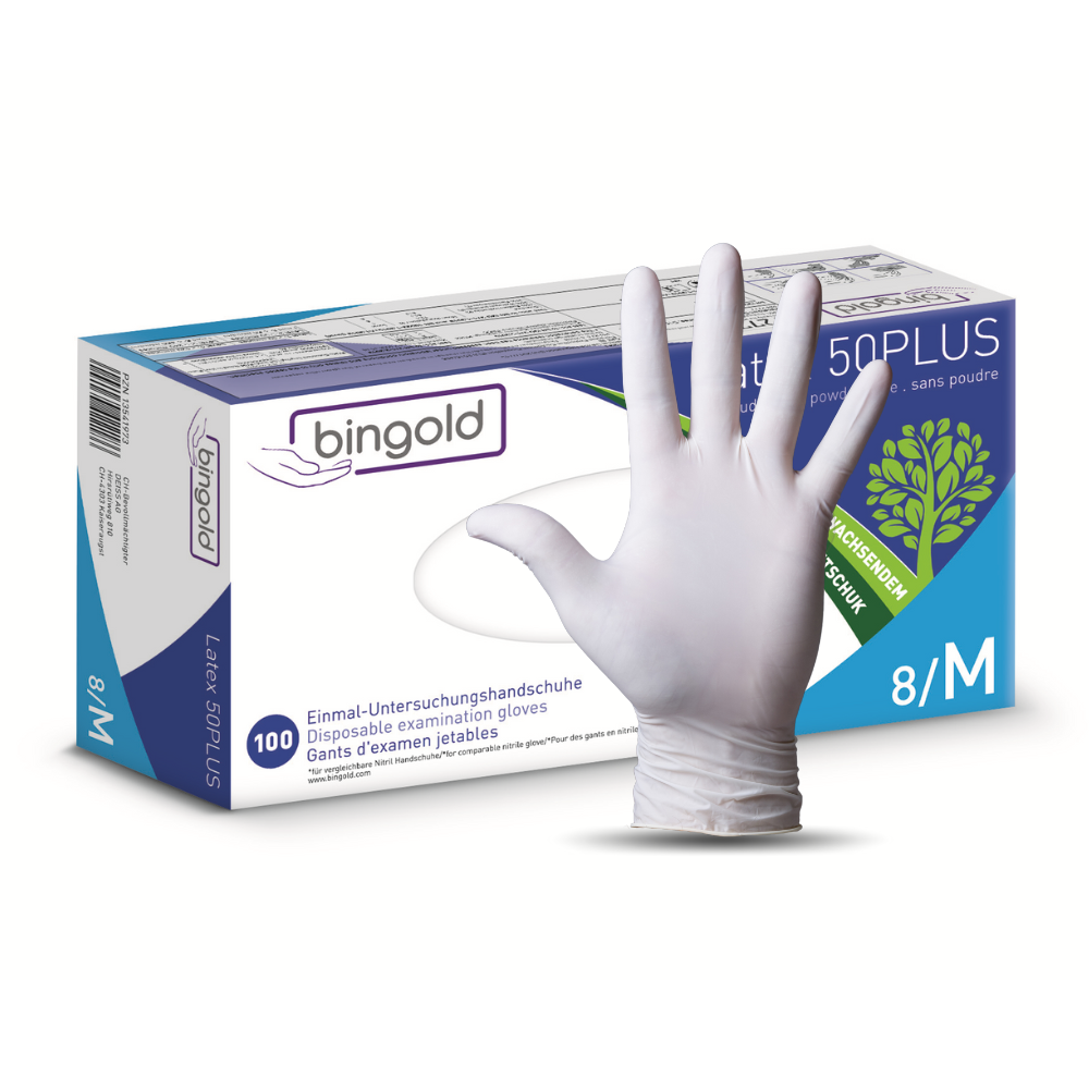 A box of Bingold Latex 50PLUS latex gloves, manufactured by BINGOLD GmbH + Co. KG, is depicted as perfect for laboratory use. It is mainly white with blue and green accents and shows the image of a gloved hand. Size 8/M is indicated and contains 100 gloves for protection against chemical hazards.