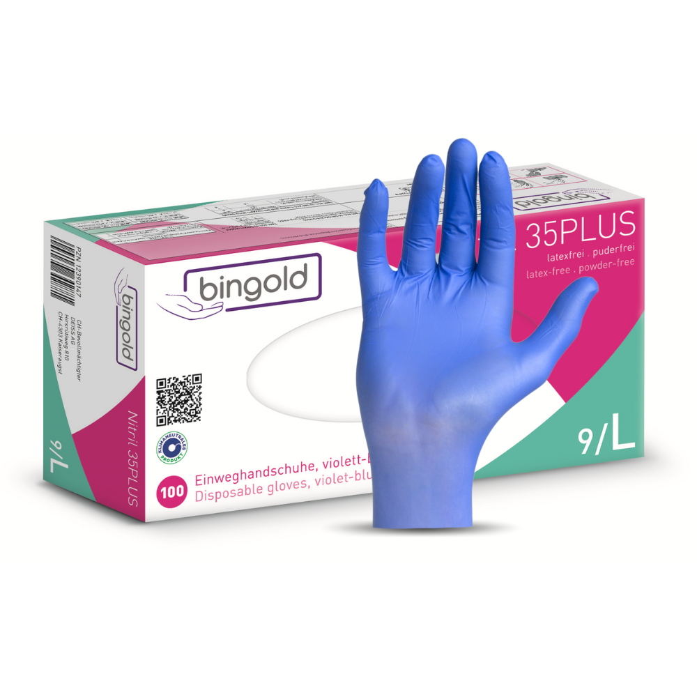 Pictured is a box of Bingold Nitrile 35PLUS gloves from BINGOLD GmbH + Co. KG in size 9/L, with a single blue-purple glove on the front. The box contains 100 latex- and powder-free gloves, certified as Medical Device Class I and PPE Category III.