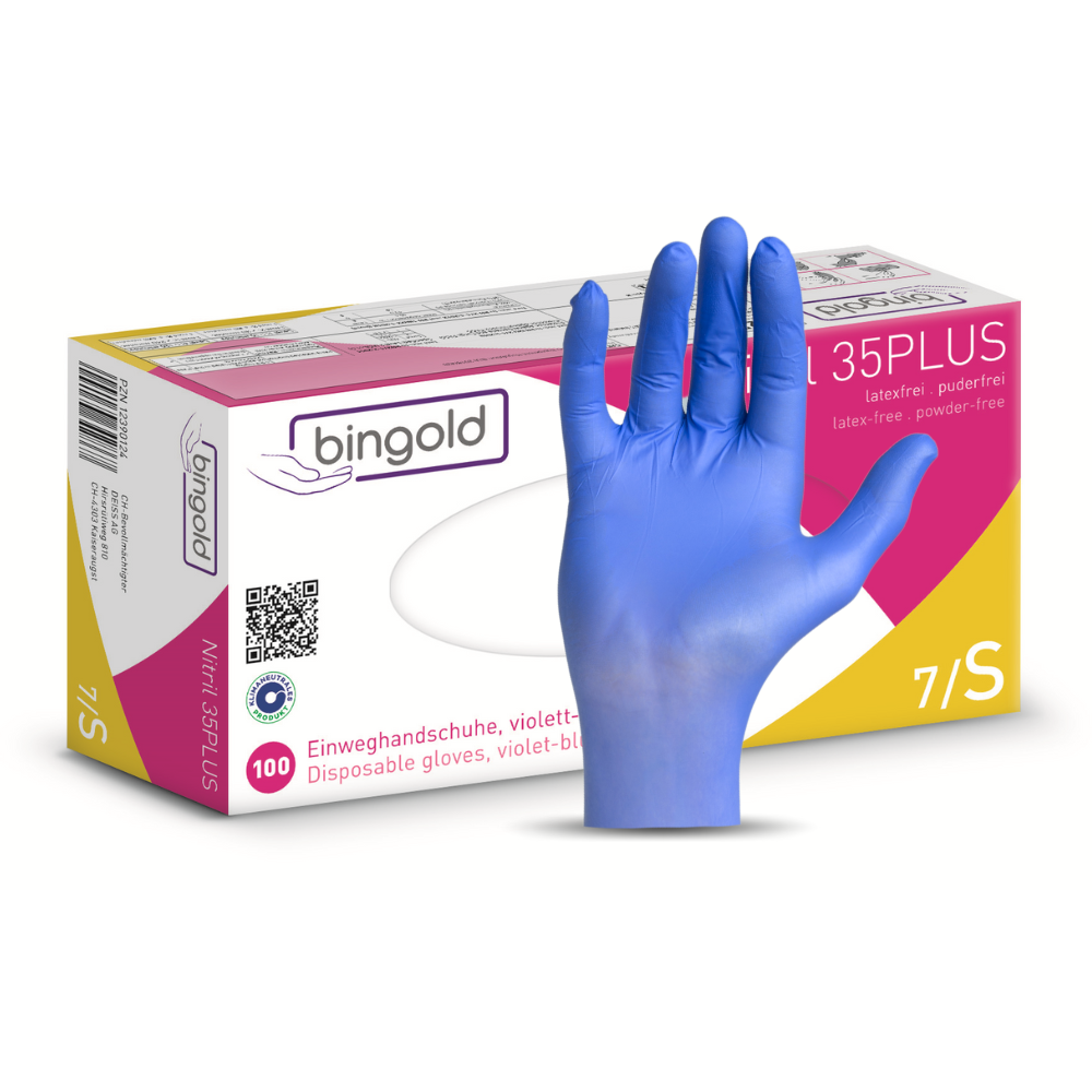 Depicted is a blue Bingold Nitrile 35PLUS glove from BINGOLD GmbH + Co. KG in front of a box with 100 latex- and powder-free gloves size 7/S, PPE Category III, Medical Device Class I, with German and English text.