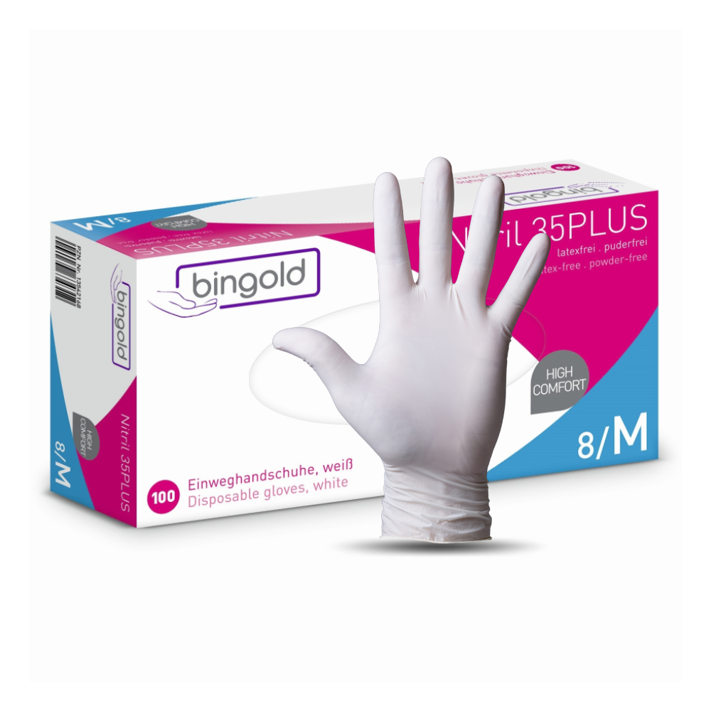 A box of Bingold Nitrile 35PLUS Nitrile gloves from BINGOLD GmbH + Co. KG, size 8/M, contains 100 white, powder- and latex-free gloves – suitable for hygiene areas and protection against chemical hazards.