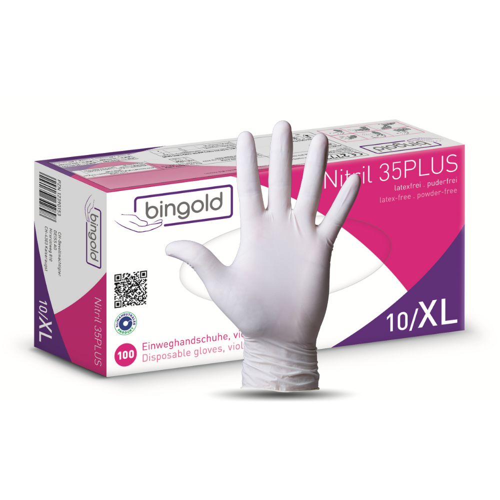 A box of Bingold Nitrile 35PLUS Nitrile gloves from BINGOLD GmbH + Co. KG, size XL, in purple-white packaging with 100 latex-free, powder-free gloves for hygiene areas and protection against chemical hazards.