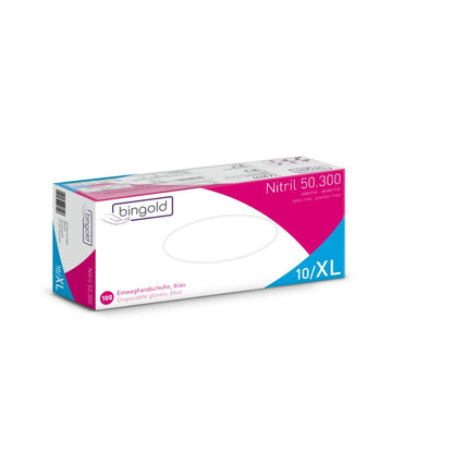 A predominantly white, rectangular box with pink and blue accents from BINGOLD GmbH + Co. KG contains 100 blue Bingold Nitril 50.300 disposable nitrile gloves, size XL, food-safe, as well as detailed product information.