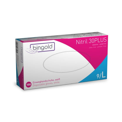 The Bingold Nitril 30PLUS Disposable Gloves from BINGOLD GmbH + Co. KG are delivered in a white-pink box with 100 white disposable gloves in size 9/L. They are ideal for food processing and protect against chemical hazards due to their latex and powder-free nature.