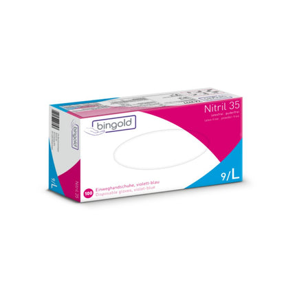 A box of Bingold Nitrile 35 powder-free disposable gloves from BINGOLD GmbH + Co. KG in violet-blue offers protection against chemical hazards. Size large (9/L), includes 100 gloves. The packaging is white with pink and blue accents and detailed product information.