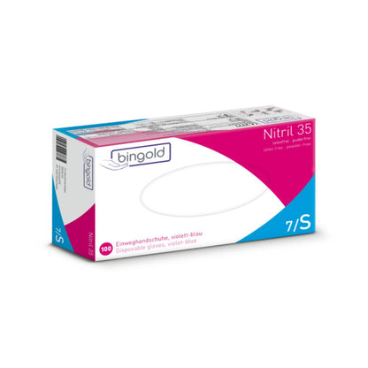 A box of BINGOLD Nitrile 35 powder-free disposable gloves in size 7/S, made from nitrile butadiene rubber for chemical protection. These latex-free gloves are delivered powder-free in a blue-white box with purple accents and contain 100 gloves.