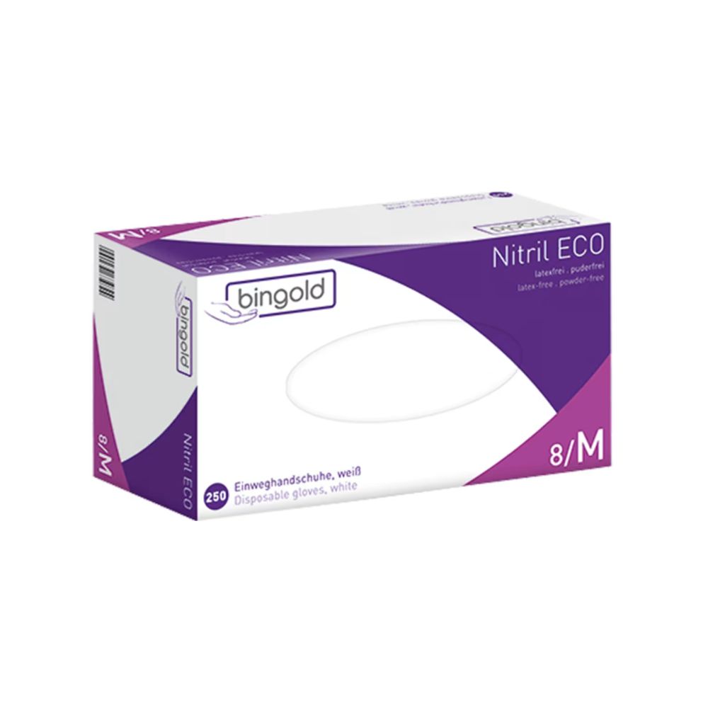 The Bingold Nitril ECO nitrile gloves from BINGOLD GmbH + Co. KG are delivered in a box with 250 white gloves in size 8/M. These chemical-resistant gloves are latex-free and powder-free, offering reliable protection in a stylish packaging.