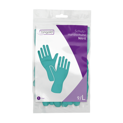 The delivery includes turquoise Bingold Protective Gloves Nitrile in size 9/L. The white-purple packaging depicts reusable gloves that are intended to protect against chemical hazards.