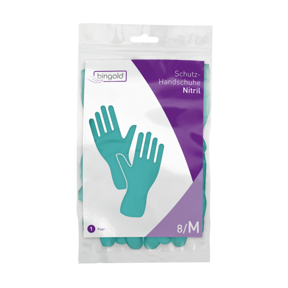 The package Bingold Protective Gloves Nitrile, Green from BINGOLD GmbH + Co. KG shows two glove images and the text “Protective Gloves Nitrile”. It is classified for chemical solvent protection in PPE category III and contains 1 pair in size 8/M.