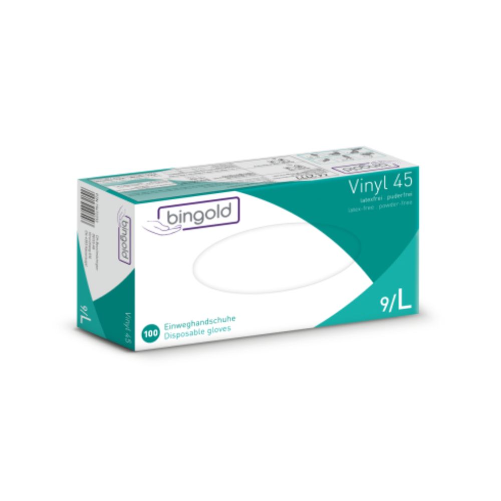 A box of Bingold Vinyl 45 gloves from BINGOLD GmbH + Co. KG, marked with size 9/L, contains 100 latex-free, powder-free gloves in a green and white packaging that meets the standards of protection class CAT III.