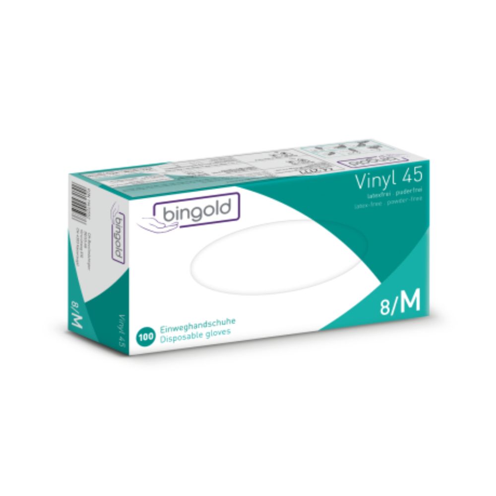 The packaging of the Bingold Vinyl 45 Disposable Gloves in green and white bears the inscription "powder-free", "latex-free" and "8/M". It contains 100 gloves and is branded with the BINGOLD GmbH + Co. KG logo and the protection class CAT III to ensure safety.