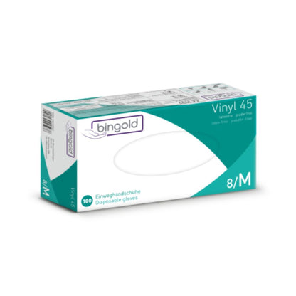 The packaging of the Bingold Vinyl 45 Disposable Gloves in green and white bears the inscription "powder-free", "latex-free" and "8/M". It contains 100 gloves and is branded with the BINGOLD GmbH + Co. KG logo and the protection class CAT III to ensure safety.