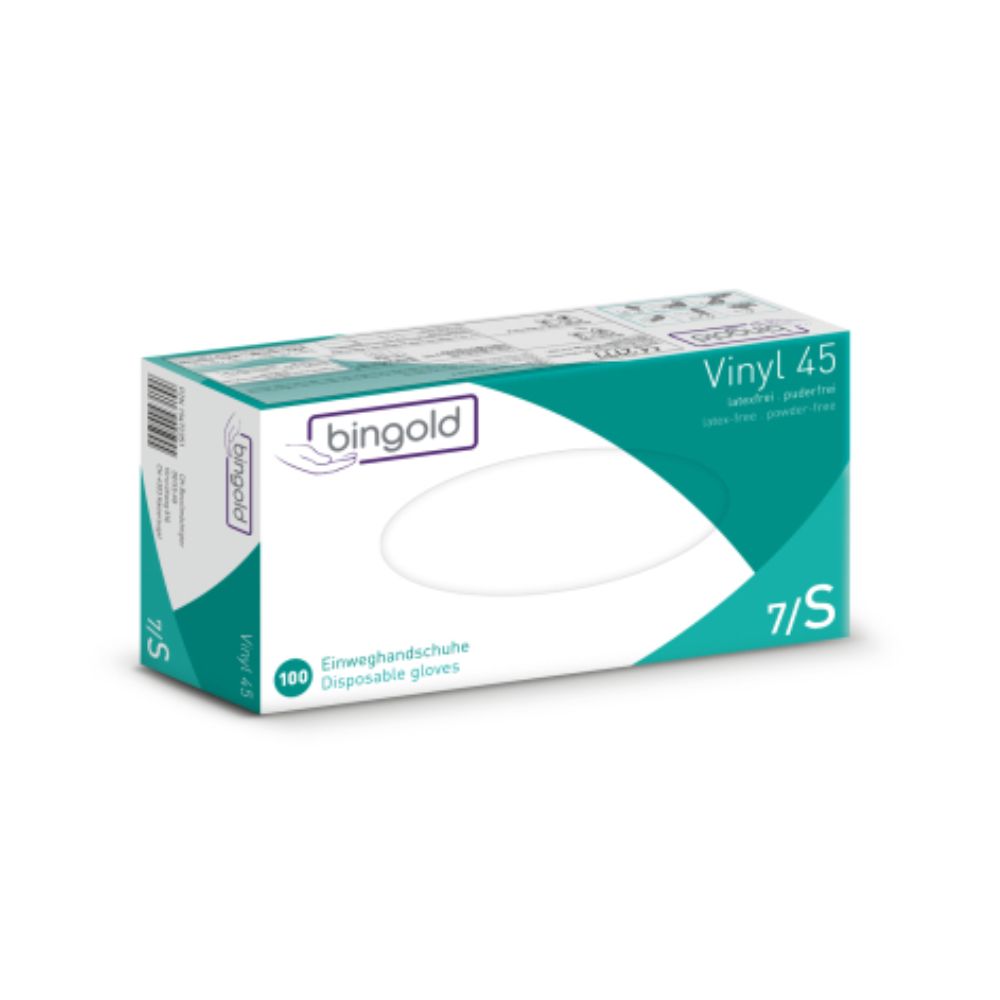 Image of a predominantly white box with green accents and the inscription "Bingold Vinyl 45 Disposable Gloves". The box from BINGOLD GmbH + Co. KG contains 100 powder-free disposable gloves in size 7/S and is marked as PROTECTION CLASS CAT III.
