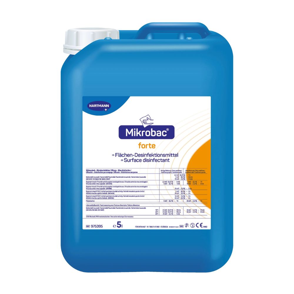 A blue plastic canister with the label "Bode Mikrobac® forte Surface Disinfectant Cleaner", a product of Paul Hartmann AG. The label contains instructions for product use and the Hartmann brand logo.