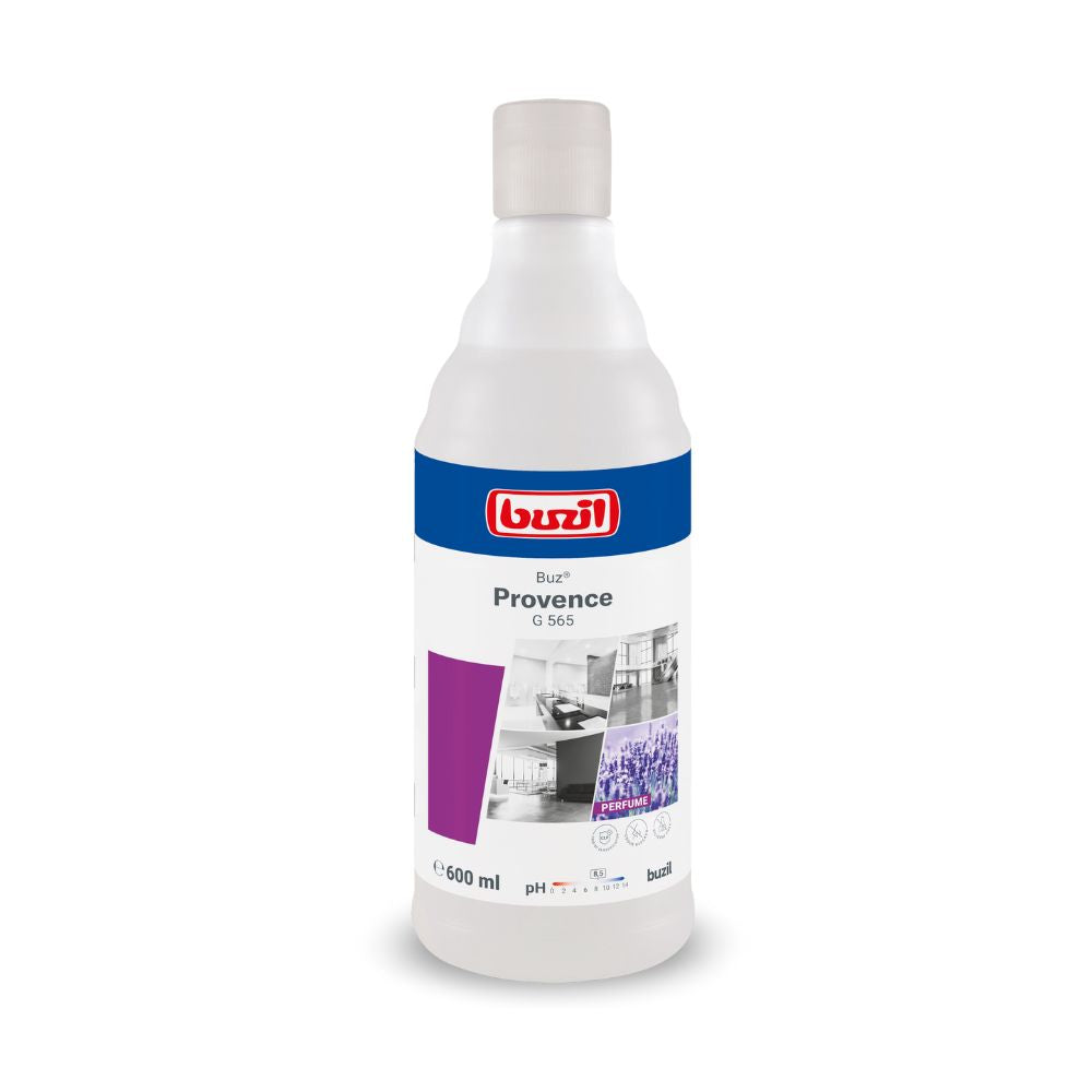 A 600 ml bottle of Buzil Air Provence G 565 ready-to-use room spray from BUZIL-WERK Wagner GmbH & Co. KG, equipped with a white-blue label featuring the brand logo, the product name, and images of clean interiors.