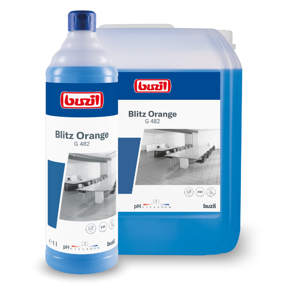 Pictured are two differently sized containers of Buzil Blitz Orange G 482 universal cleaner from BUZIL-WERK Wagner GmbH & Co. KG, each featuring a label with the image of a streak-free clean, tiled room. The containers are blue with white-red lettering and emit a refreshing orange scent.