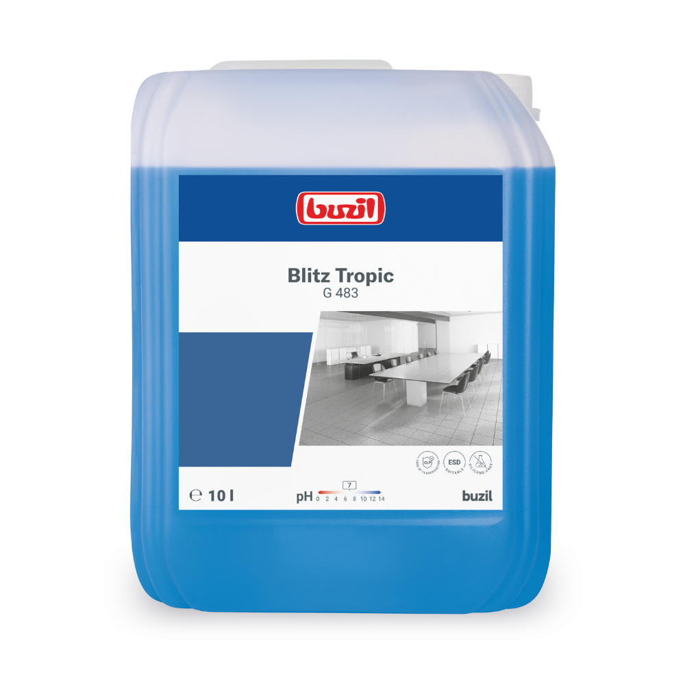 A 10-liter container of Buzil Blitz Tropic G 483 fragrance-intensive universal cleaner from BUZIL-WERK Wagner GmbH & Co. KG features a blue-white label with a monochrome image of a pristine office, complemented by its subtle tropical scent.