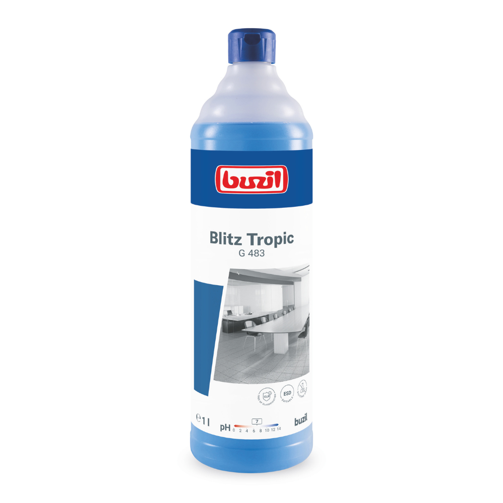 A blue-white bottle with cleaning agent and a round cap exudes a tropical scent. The label reads "Buzil Blitz Tropic G 483 fragrance-intensive universal cleaner" and shows the image of a clean, modern kitchen. The 1-liter product from BUZIL-WERK Wagner GmbH & Co. KG is material-friendly and has a pH value between 7.5 and 8.5.