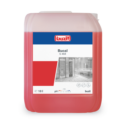 A 10-liter container of Buzil Bucal G 468 acid-free sanitary maintenance cleaner from BUZIL-WERK Wagner GmbH & Co. KG, known for its acid-free formula and fresh scent. The container is rectangular, has a red and transparent design, and a label on the front showing the brand name, product details, and an image of a clean interior.