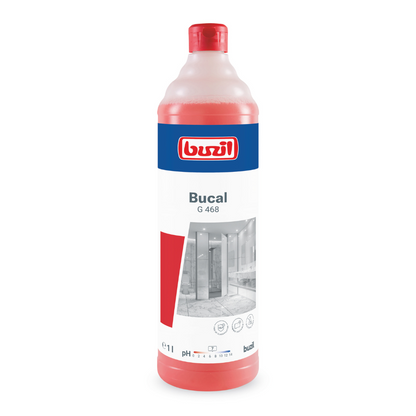 A 1-liter bottle of Buzil Bucal G 468 acid-free sanitary maintenance cleaner from BUZIL-WERK Wagner GmbH & Co. KG, recognizable by a red cap. The label features a bathroom motif and emphasizes that the product is both acid-free and pH-neutral, offering a refreshing fresh scent.