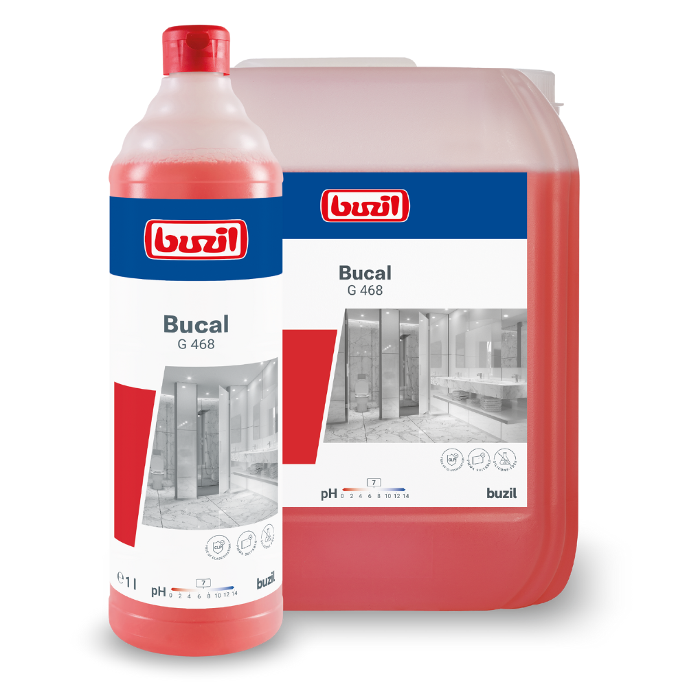 Image with two containers of Buzil Bucal G 468 acid-free sanitary maintenance cleaner from BUZIL-WERK Wagner GmbH & Co. KG. The front container is a red 1-liter bottle with a white-red label, while the jug in the background reflects this design and shows a grayscale bathroom image along with product details. This acid-free sanitary cleaner offers excellent cleaning performance.