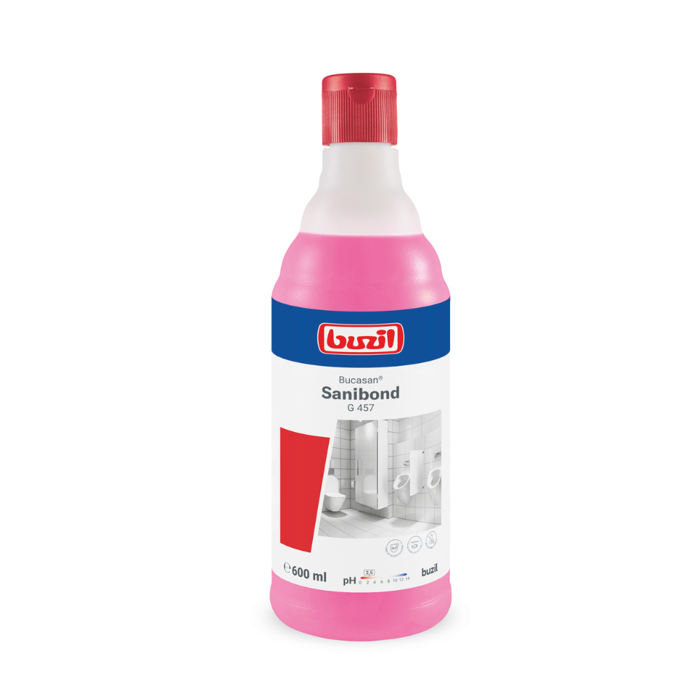 Eine 600-ml-Flasche Buzil Bucasan® Sanibond G 457 Viskoser Sanitärunterhaltsreiniger von BUZIL-WERK Wagner GmbH & Co. KG, die eine rosa Flüssigkeit mit blau-weißem Etikett und roter Kappe enthält. Der Sanitärreiniger verspricht streifenfreien Glanz, zeigt Bilder von Badezimmerarmaturen und liefert pH-Informationen.