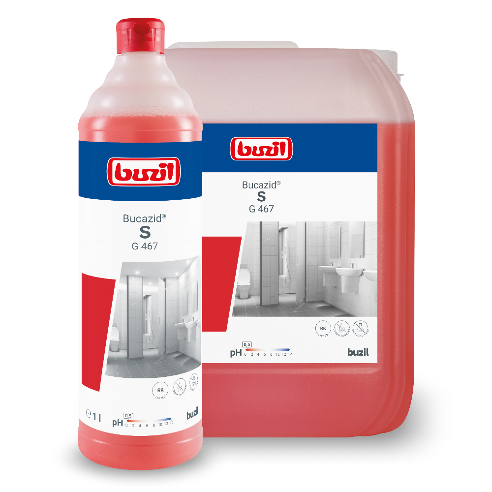 A red bottle and a larger red container, both with the logo of BUZIL-WERK Wagner GmbH & Co. KG and "Buzil Bucazid® S G 467 sanitary cleaner with odor blocker", show images of a bathroom with a toilet and sink. This powerful cleaner uses amidosulfonic acid for enhanced cleaning performance. The bottle contains 1 liter, while the container is larger.