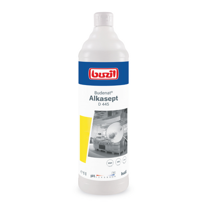 A white bottle labeled "Buzil Budenat® Alkasept D 445 High-Alkaline Disinfectant Cleaner" by BUZIL-WERK Wagner GmbH & Co. KG is marked with a blue-red logo. It is designed for alkali-resistant surfaces and contains a black-and-white machine image on the label, the designation "1 liter" as well as pH and certification symbols – ideal for disinfection cleaning in the food industry.