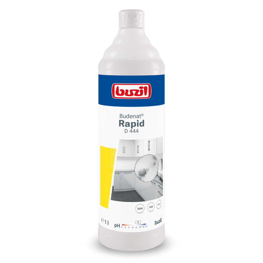 A white plastic bottle labeled “Buzil Budenat® Rapid D 444 Ready-to-use alcoholic rapid disinfectant | Bottle (1 l)” is prominently placed, featuring a blue and white design with a clean kitchen photo and yellow accents. This product from BUZIL-WERK Wagner GmbH & Co. KG is ideal for hygienic disinfection and clearly marked with product information and symbols.