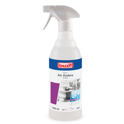 Here is a rewritten sentence using the provided product data:

A white spray bottle with Buzil Buz® Air Ambra G 564 Ready-to-use Room Spray with Active Odor Blocker from BUZIL-WERK Wagner GmbH & Co. KG features a spray nozzle for easy application. The label is blue, purple, and white and shows images of a kitchen and a bathroom. This 600-ml bottle contains a ready-to-use room spray with an active odor blocker for a long-lasting scent.