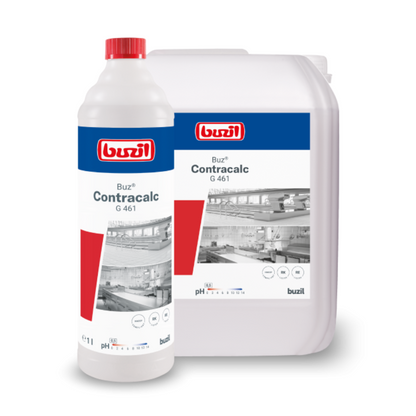 Two containers of Buzil Buz® Contracalc G 461, a colorless basic cleaner and descaler from BUZIL-WERK Wagner GmbH & Co. KG. The front container is a white bottle with a red cap containing a descaling solution, while the rear container is a larger, opaque jug. Both have labels in red, blue, and white with matching graphics.