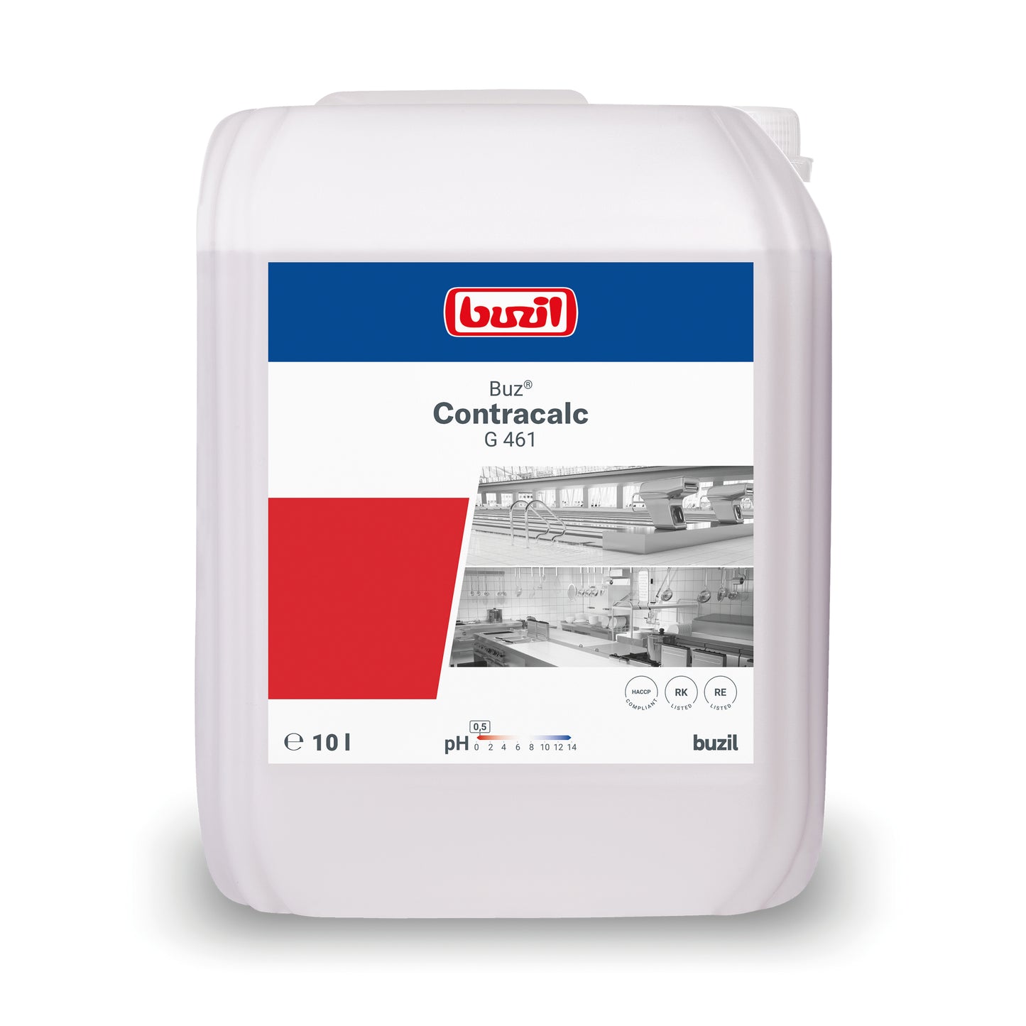 A 10-liter container of Buzil Buz® Contracalc G 461 Colorless Basic Cleaner and Descaler in white, with a red-blue label featuring an image of an industrial plant. This descaler from BUZIL-WERK Wagner GmbH & Co. KG has a pH value of 3.4, contains phosphoric acid-based ingredients, and proudly bears the Buzil logo.