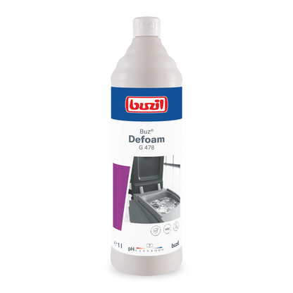 A bottle of Buzil Buz® Defoam G 478 defoamer for machines, manufactured by BUZIL-WERK Wagner GmbH & Co. KG, is presented with a white label with a blue-red trademark. The bottle is designed for defoaming purposes and shows an image of foam on a surface to be treated. The capacity of 1 liter makes it ideal for foam reduction in various cleaning machines.