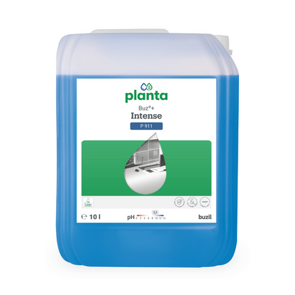 A blue plastic container with "Buzil Buz®+ Intense P 911 Ecological All-Purpose Power Cleaner" from BUZIL-WERK Wagner GmbH & Co. KG, providing 10 liters of environmentally friendly solutions. The label is rectangular and green, featuring a droplet shape that highlights the cleaning application. It contains details such as pH values and safety symbols, making it ideal for professional cleaning tasks.