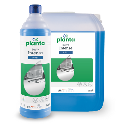 Displayed are a large container and a smaller bottle of Buzil Buz®+ Intense P 911, an ecological all-purpose power cleaner from BUZIL-WERK Wagner GmbH & Co. KG. Both containers are blue with green and white labels featuring a droplet design and the image of a clean floor.