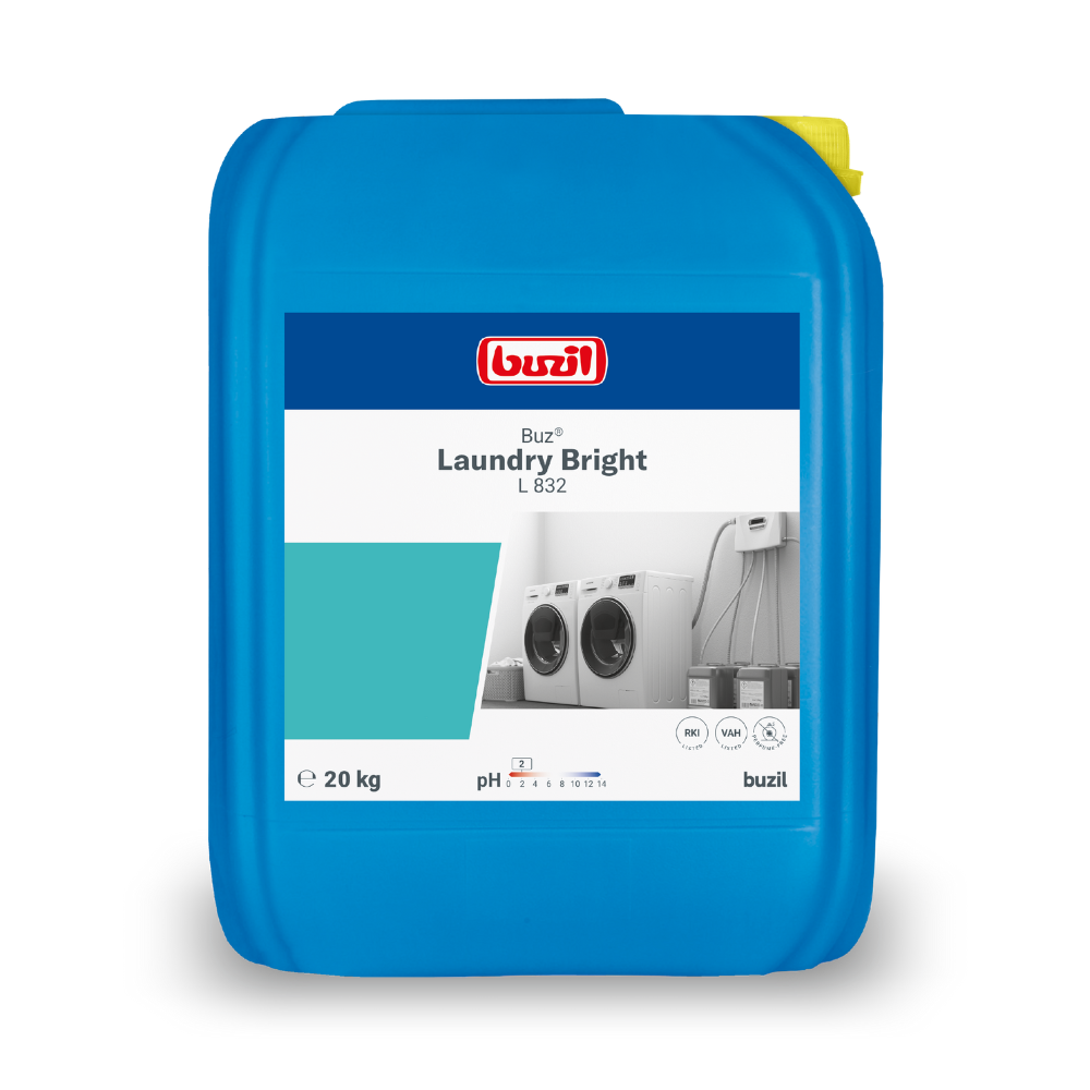 A large blue canister with Buzil Buz® Laundry Bright L 832 Liquid Bleach and Disinfection Component, designed for effective textile cleaning, has a capacity of 20 kg. The label features washing machines and a pH scale. At the top, the logo of BUZIL-WERK Wagner GmbH & Co. KG is visible.