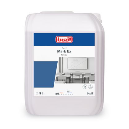 A 5-liter container of Buzil Buz® Mark Ex G 559 ready-to-use surface and plastic cleaner from BUZIL-WERK Wagner GmbH & Co. KG. The white container, adorned with a blue-white label featuring a classroom graphic, is perfect for surface cleaning. It maintains a balanced pH value between 7.0 and 8.0, ensuring safe and effective use.