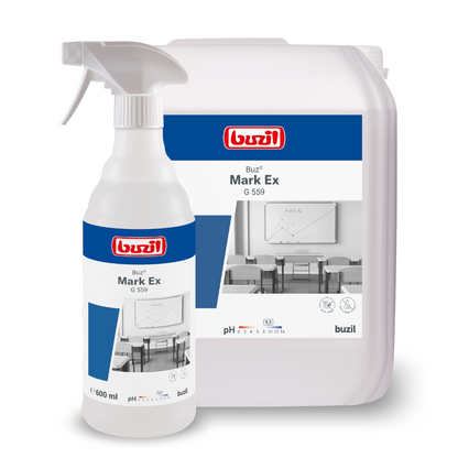 On a white background, there is a spray bottle and a larger container of Buzil Buz® Mark Ex G 559 ready-to-use surface and plastic cleaner from BUZIL-WERK Wagner GmbH & Co. KG. Both containers, which are perfect as surface cleaners, are equipped with labels featuring images for teaching and detailed cleaning instructions.
