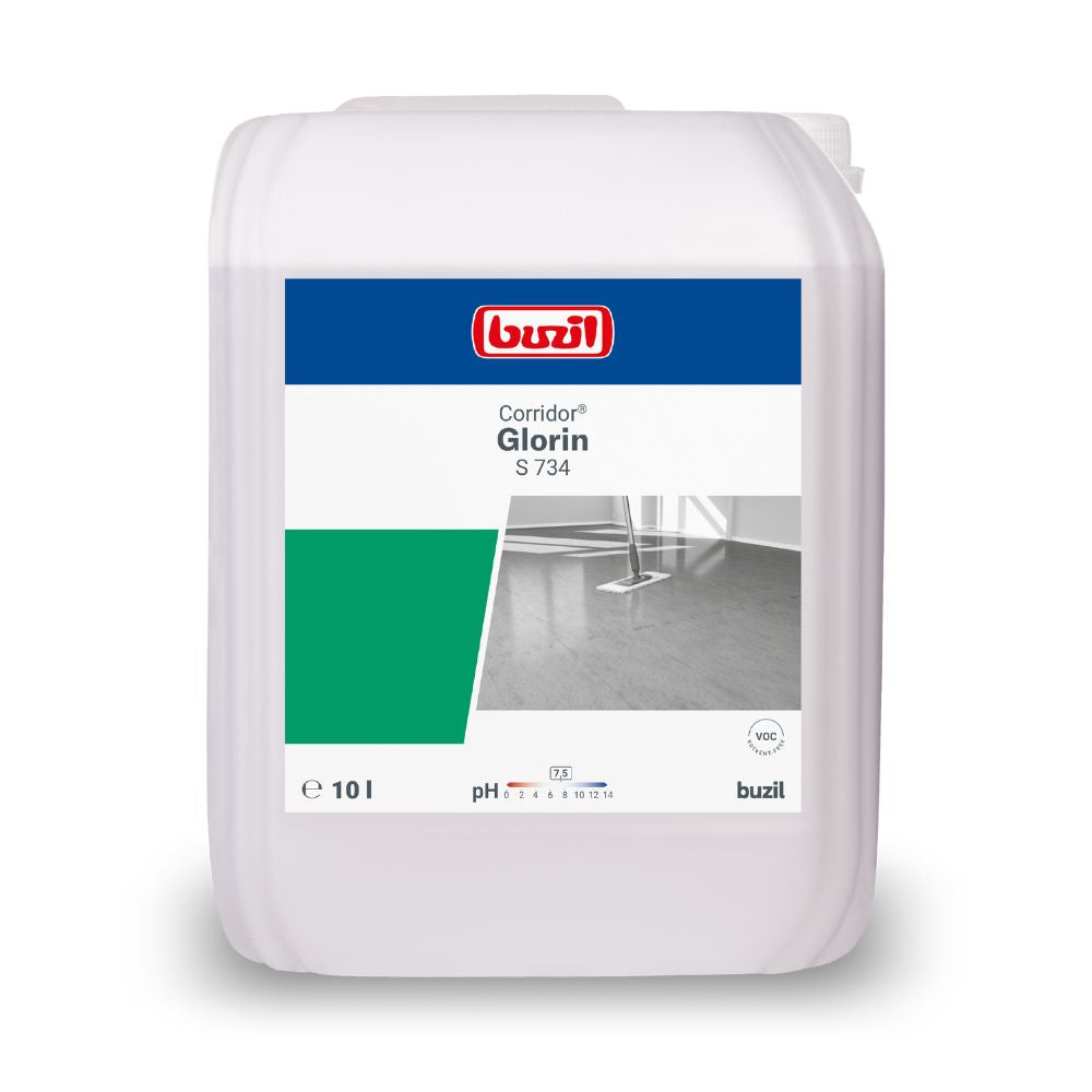 The Buzil Corridor® Glorin S 734 Allround self-gloss dispersion in a plastic canister from BUZIL-WERK Wagner GmbH & Co. KG is ideal for PVC and linoleum floors. The front label features a design in blue, green, and gray with the image of a mop on a tiled floor. This 10-liter canister offers an efficient self-gloss dispersion solution.