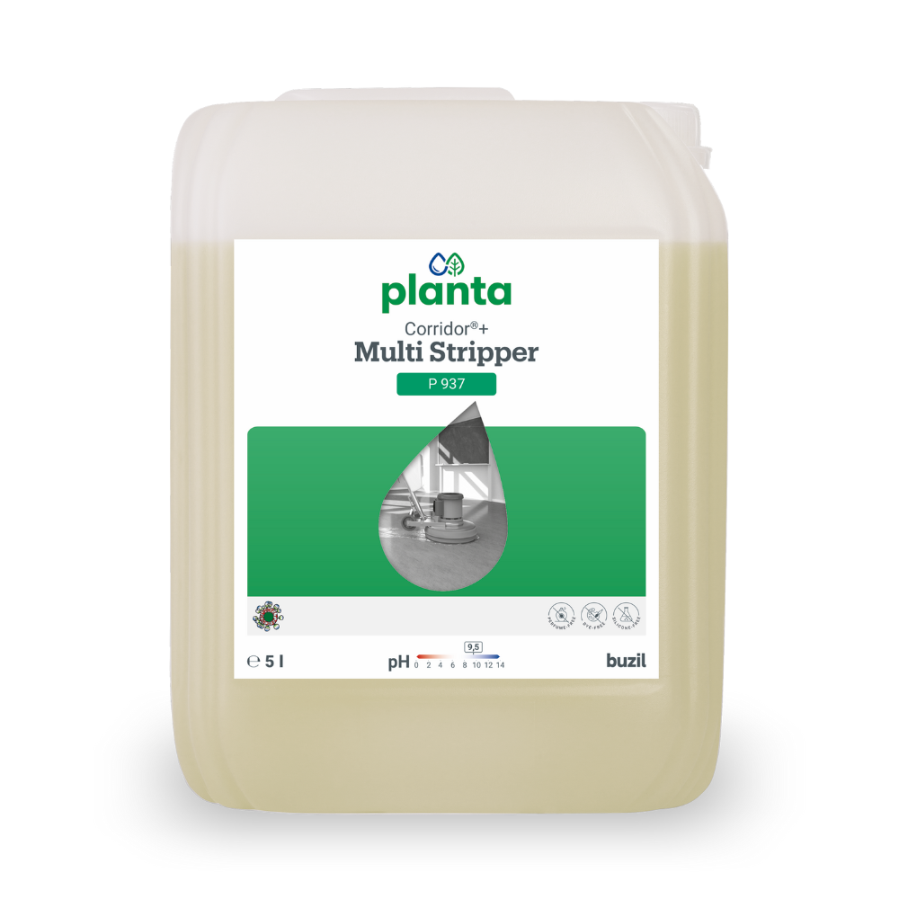 A 5-liter canister of Buzil Corridor®+ Multi Stripper P 937, an ecological universal base cleaner from BUZIL-WERK Wagner GmbH & Co. KG. The label is designed in green and white and indicates material compatibility with cleaning instructions and a picture of a floor during cleaning.