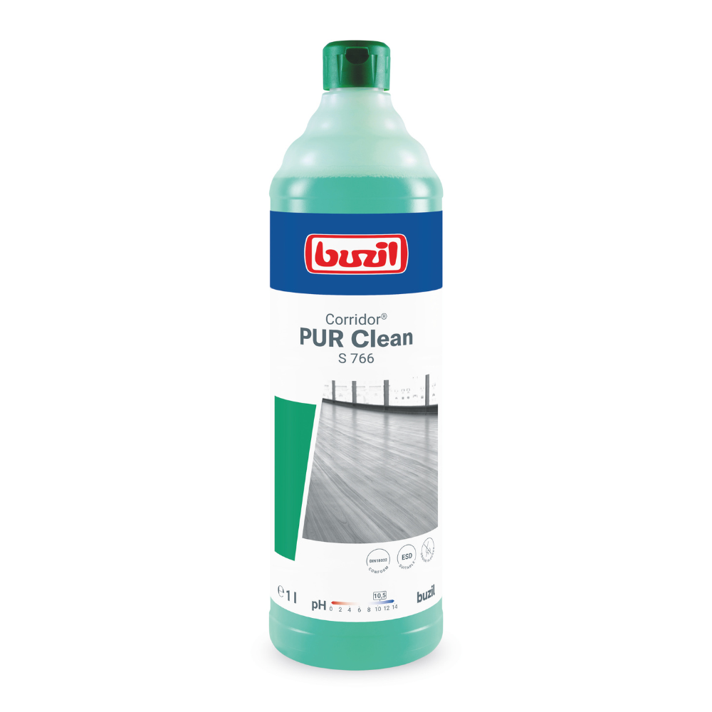 The Buzil Corridor® PUR Clean S 766 ultra-wetting floor cleaner with odor blocker from BUZIL-WERK Wagner GmbH & Co. KG is available in a bottle with a light green design, blue label, and red logo. It contains 1 liter of product, ideal for maintaining flawless floors, and features a picture of a clean floor on the packaging.