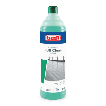 The Buzil Corridor® PUR Clean S 766 ultra-wetting floor cleaner with odor blocker from BUZIL-WERK Wagner GmbH & Co. KG is available in a bottle with a light green design, blue label, and red logo. It contains 1 liter of product, ideal for maintaining flawless floors, and features a picture of a clean floor on the packaging.