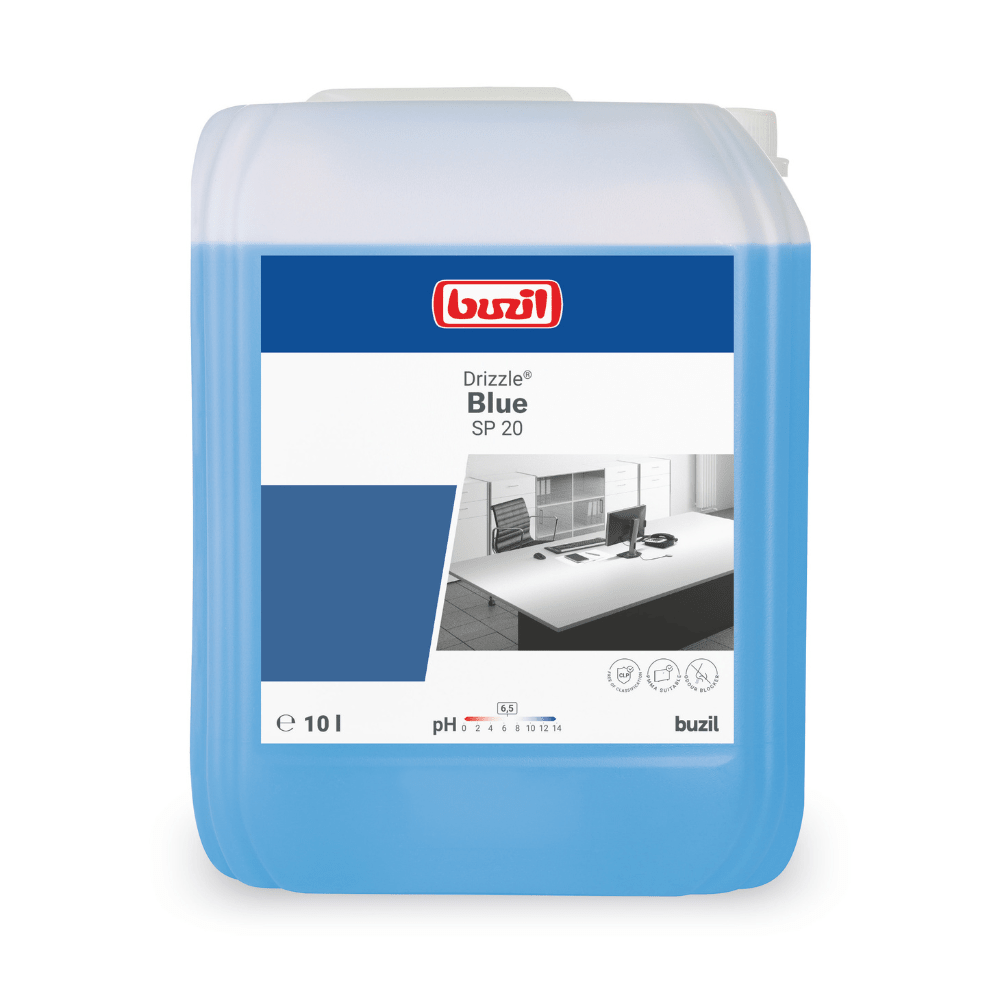 A 10-liter container of the surface cleaner Buzil Drizzle® Blue SP 20, manufactured by BUZIL-WERK Wagner GmbH & Co. KG, is blue in color and has a pH value of 8.5. The label features the brand logo and the product name, as well as an image of a clean office desk to highlight the product’s excellent material compatibility.